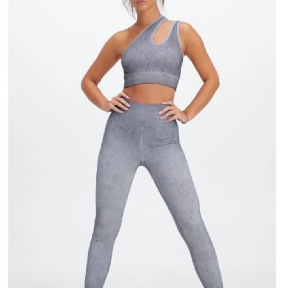 FABLETICS Christa Asymmetric Low-Impact Ribbed Sports Bra - Raincloud Size Small - Picture 3 of 11